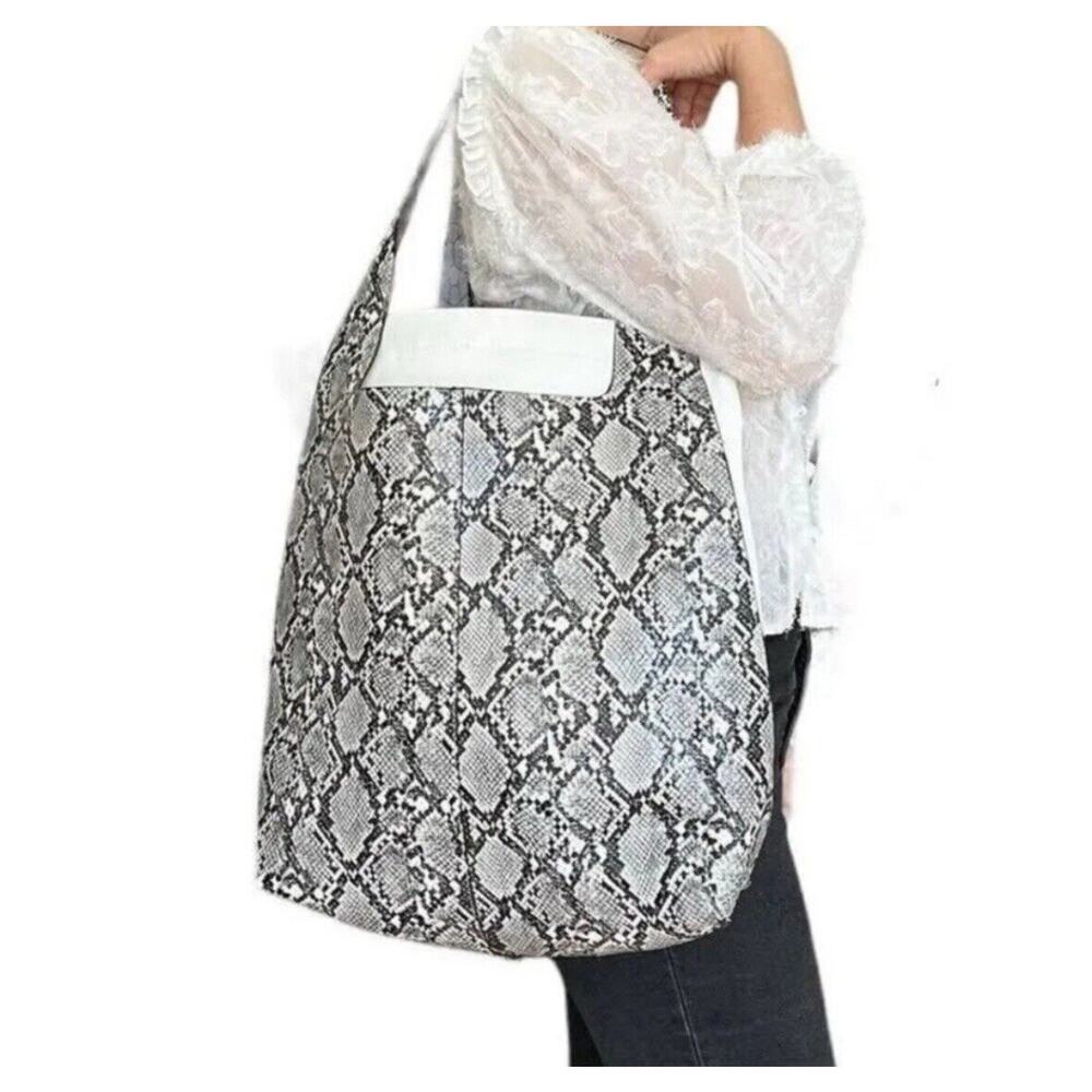 NWT MNG Mango Limited Edition Large Snake Print Tote Shoulder Bag Beige Gray NEW